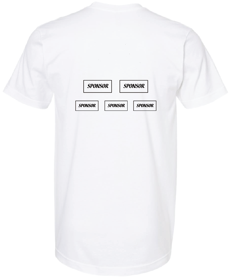 5 Boxes with the word Sponsor written in them on a white T-Shirt