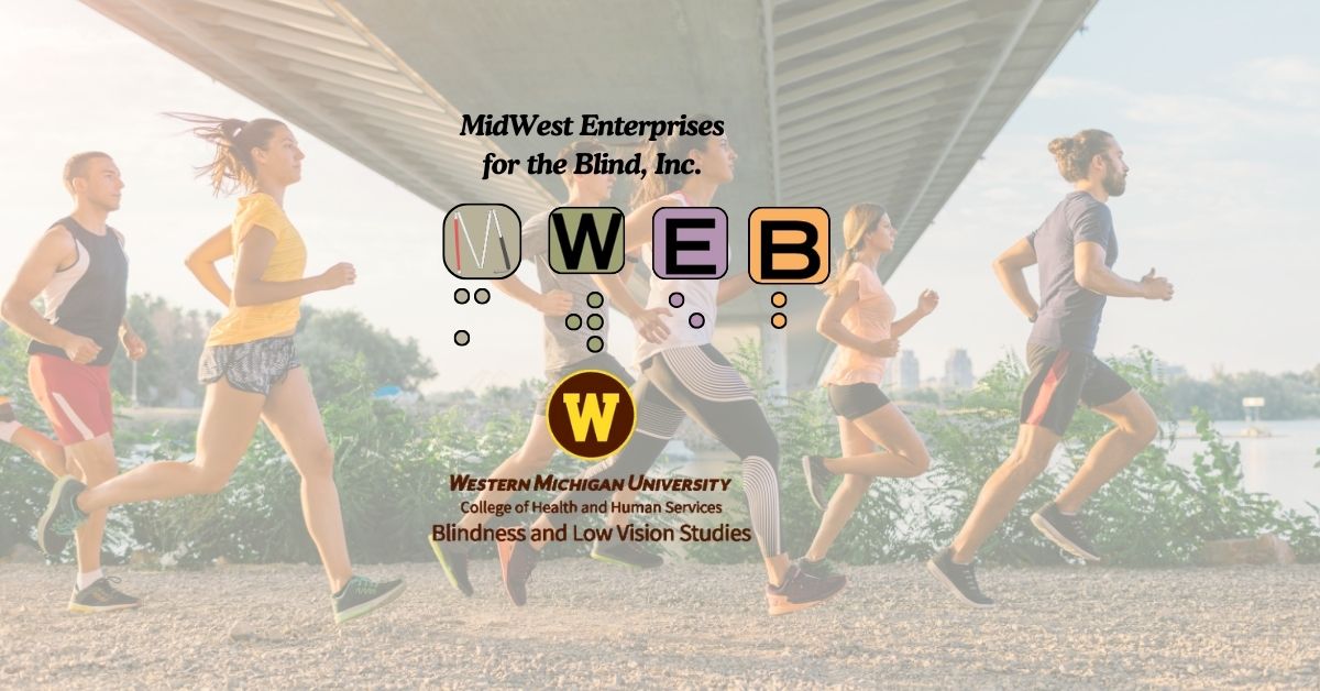 A picture of a flyer for the 5K with the MWEB and WMU logos. Behind them is a group of people jogging on a track.